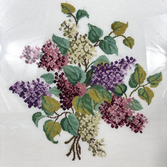 Vintage Completed & Framed Floral Cross Stitch Lilac Needlework Textile Wall Art - Picture 3 of 7